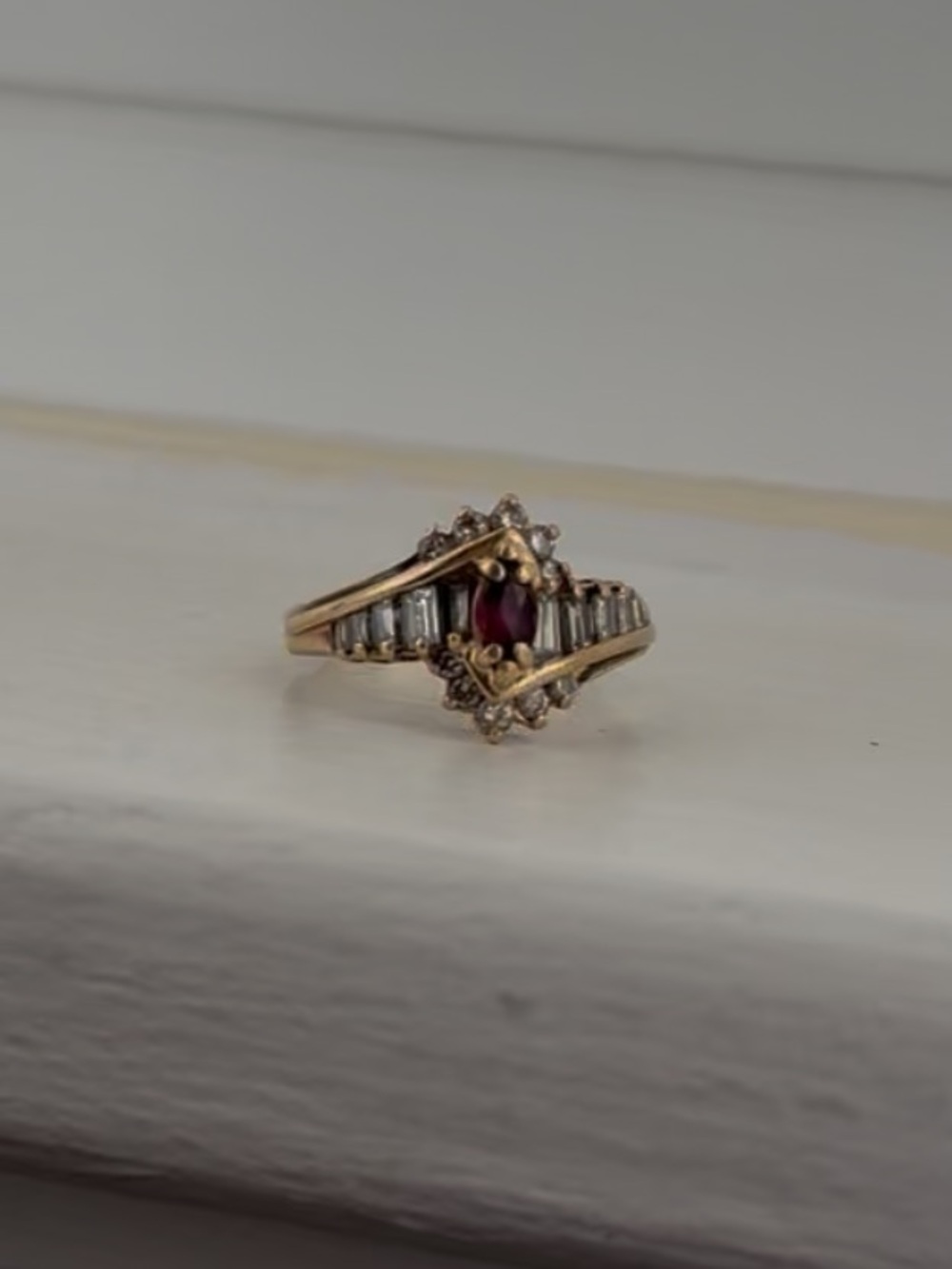 Magic Glo 14KT Gold Ring with Ruby Center Stone and Accent Baguette Diamonds